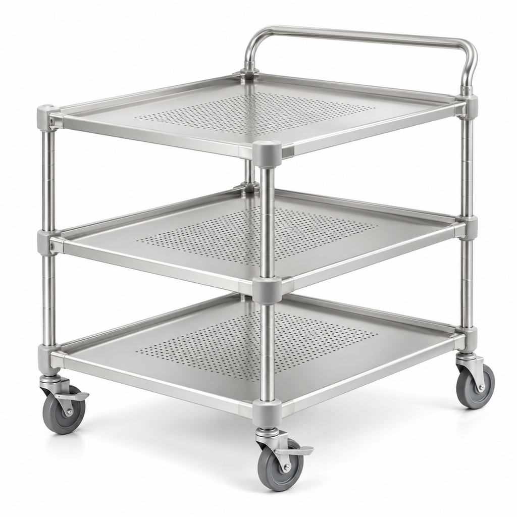 Three-Tier Stainless Steel Service Cart with Spill-Control Shelves