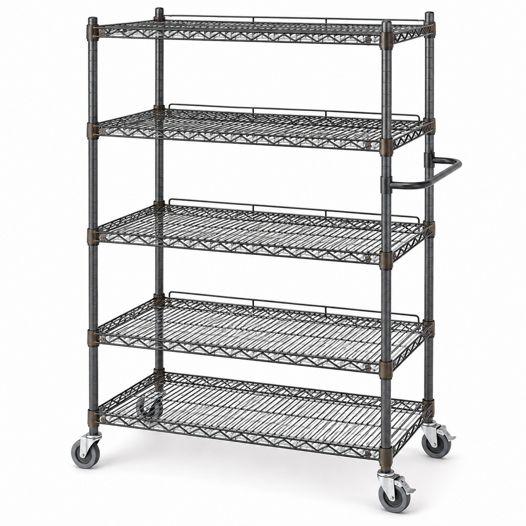 Five-Tier Mobile Wire Shelving Rack with Safety Rails
