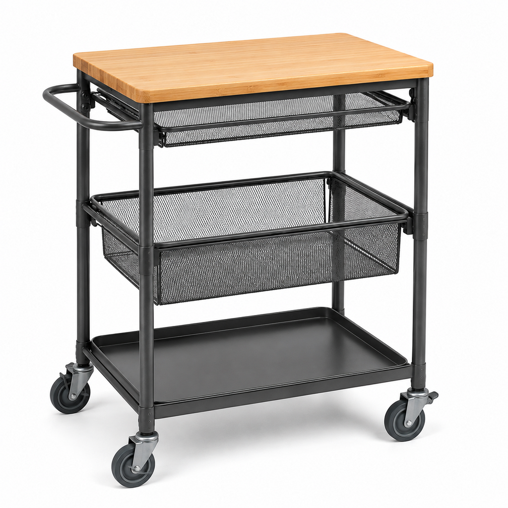 Bamboo-Top Mobile Workstation Cart with Pull-Out Baskets