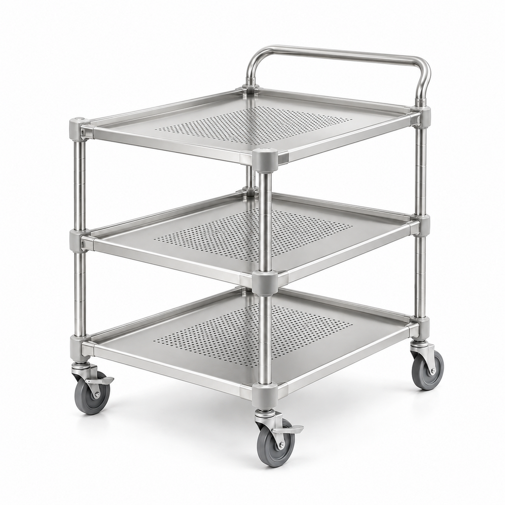 Three-Tier Stainless Steel Service Cart with Spill-Control Shelves