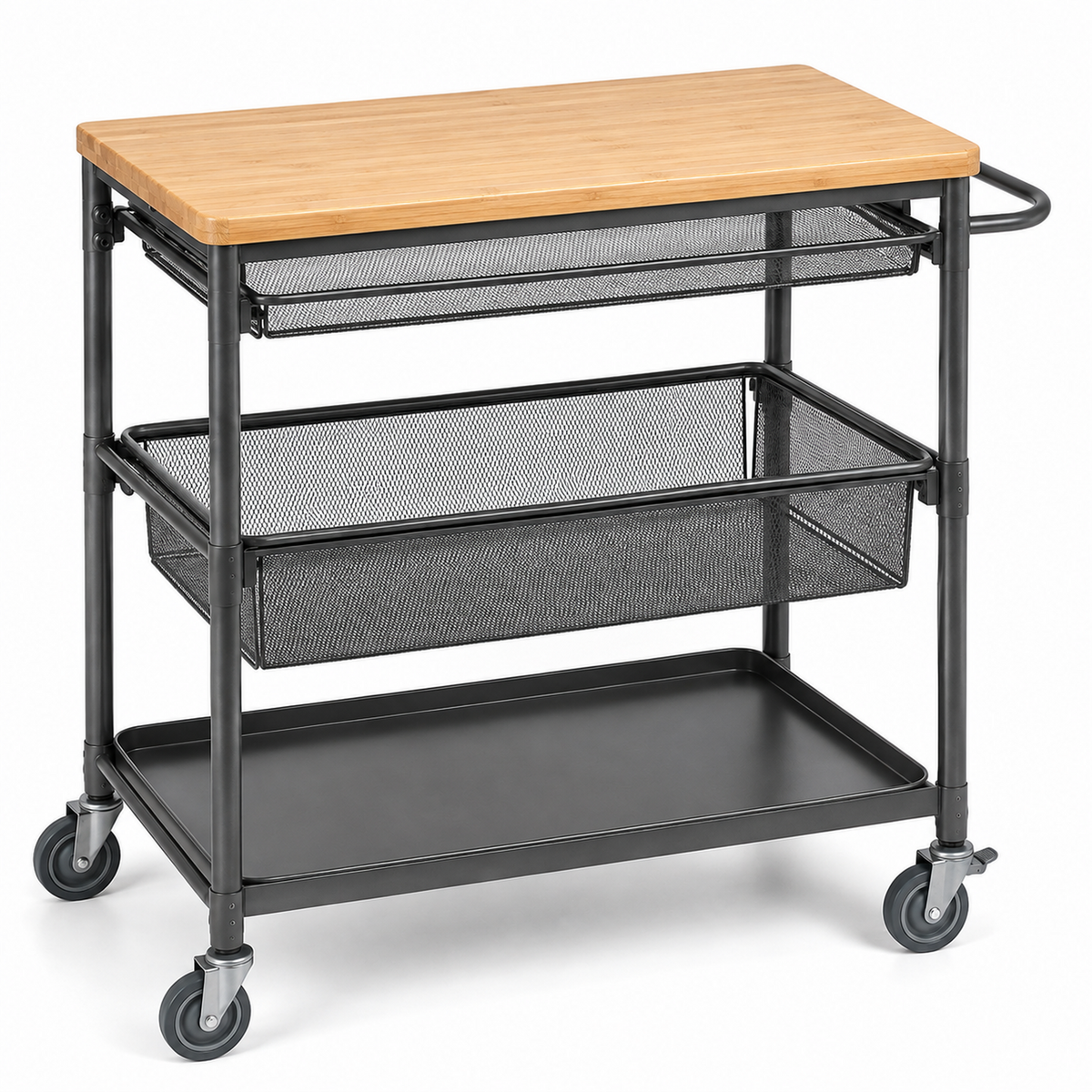 Bamboo-Top Mobile Workstation Cart with Pull-Out Baskets