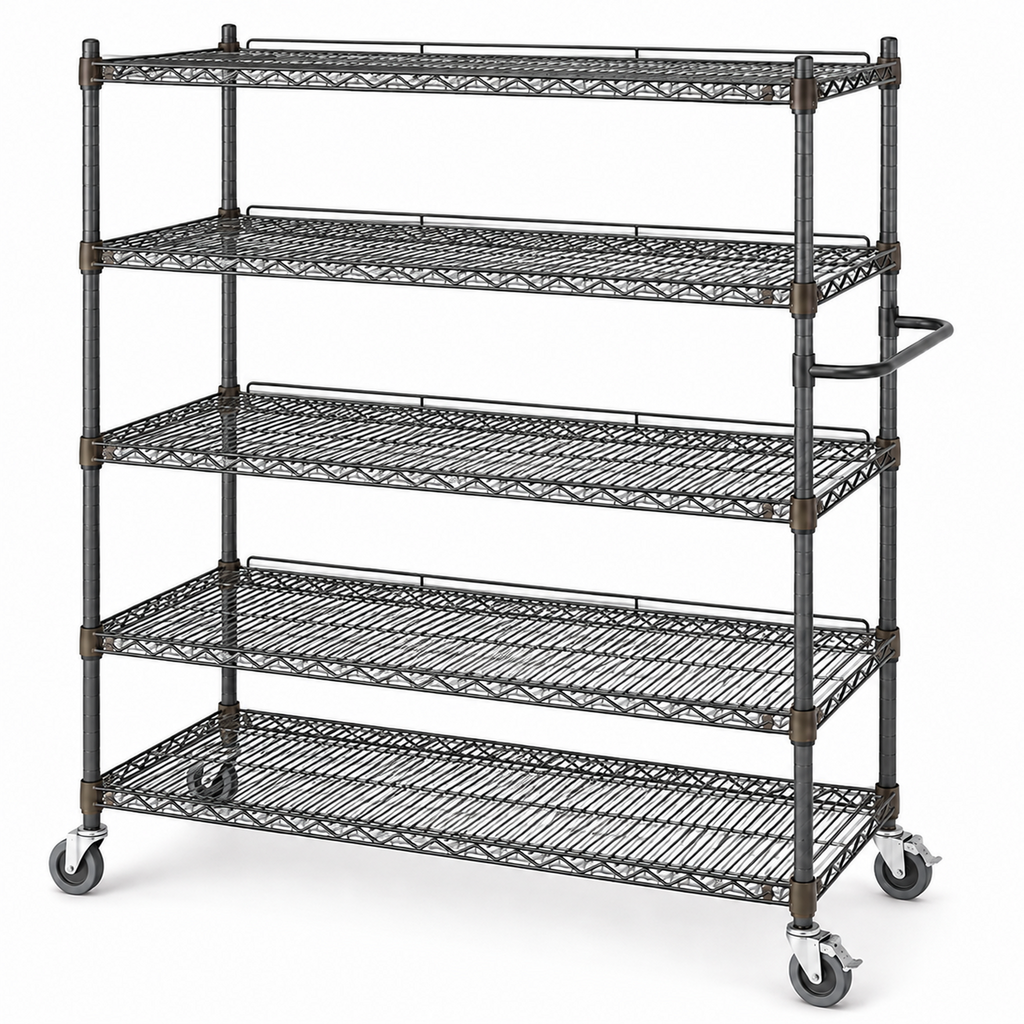 Five-Tier Mobile Wire Shelving Rack with Safety Rails