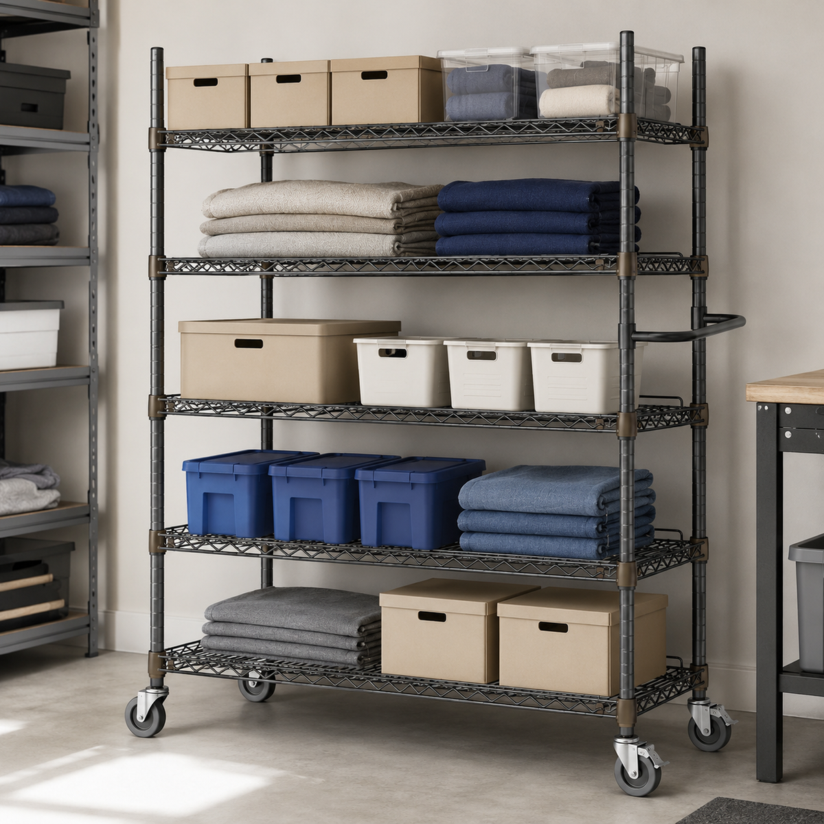 Five-Tier Mobile Wire Shelving Rack with Safety Rails