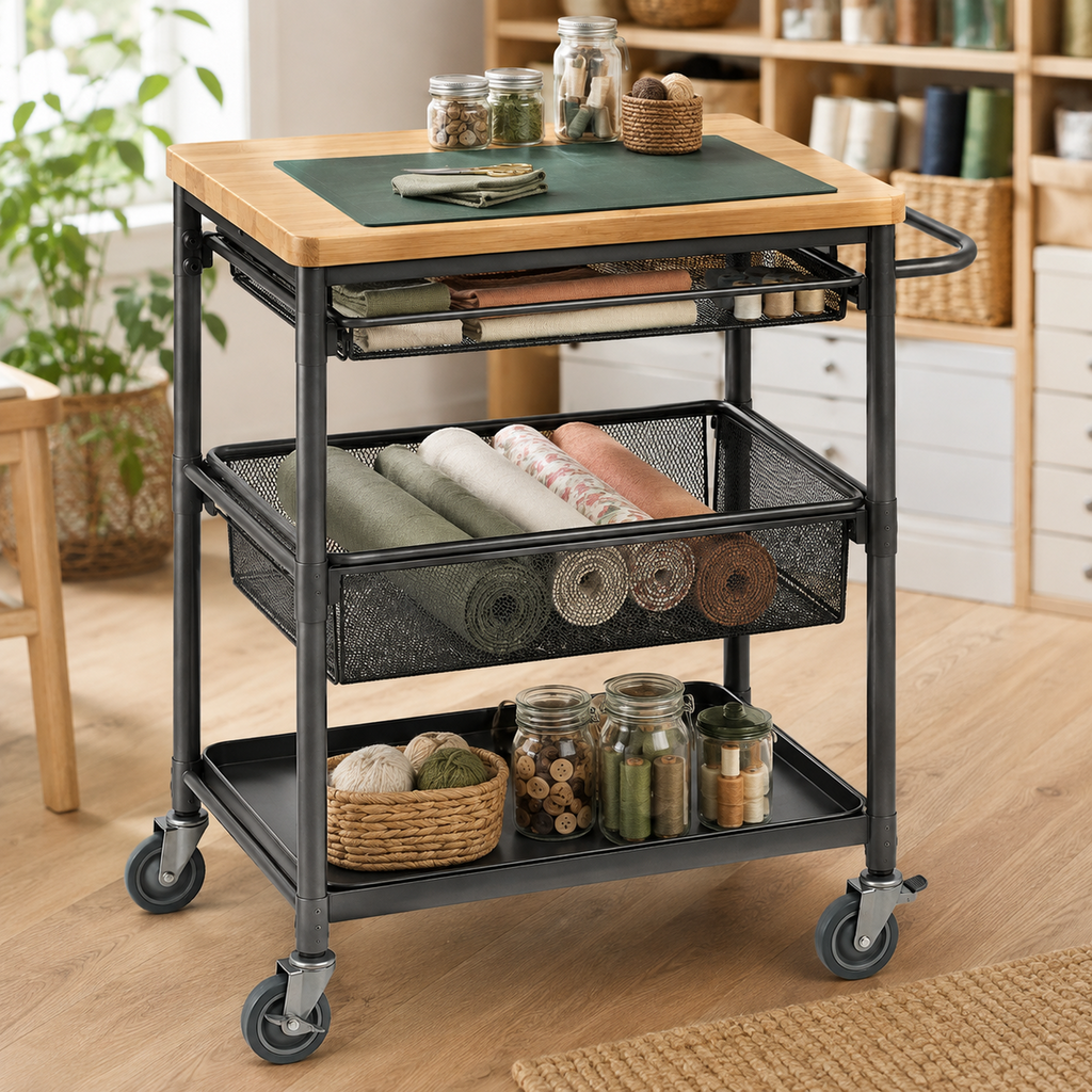 Bamboo-Top Mobile Workstation Cart with Pull-Out Baskets