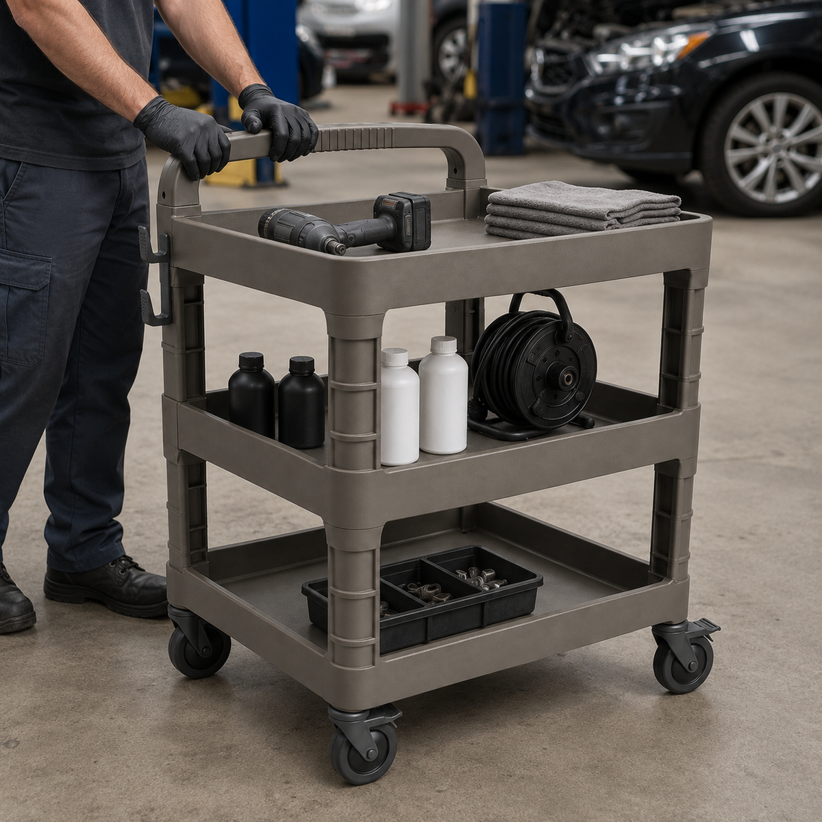 Heavy-Duty Three-Tier Workshop Utility Cart with Push Handle