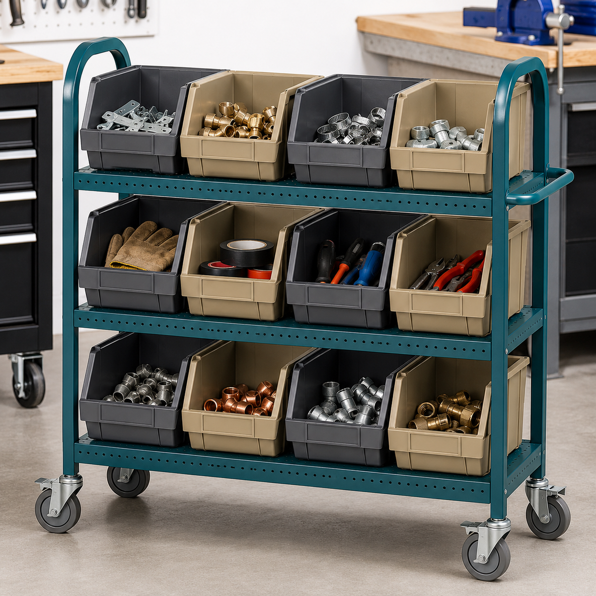 12-Bin Mobile Parts Organizer Cart with Locking Casters