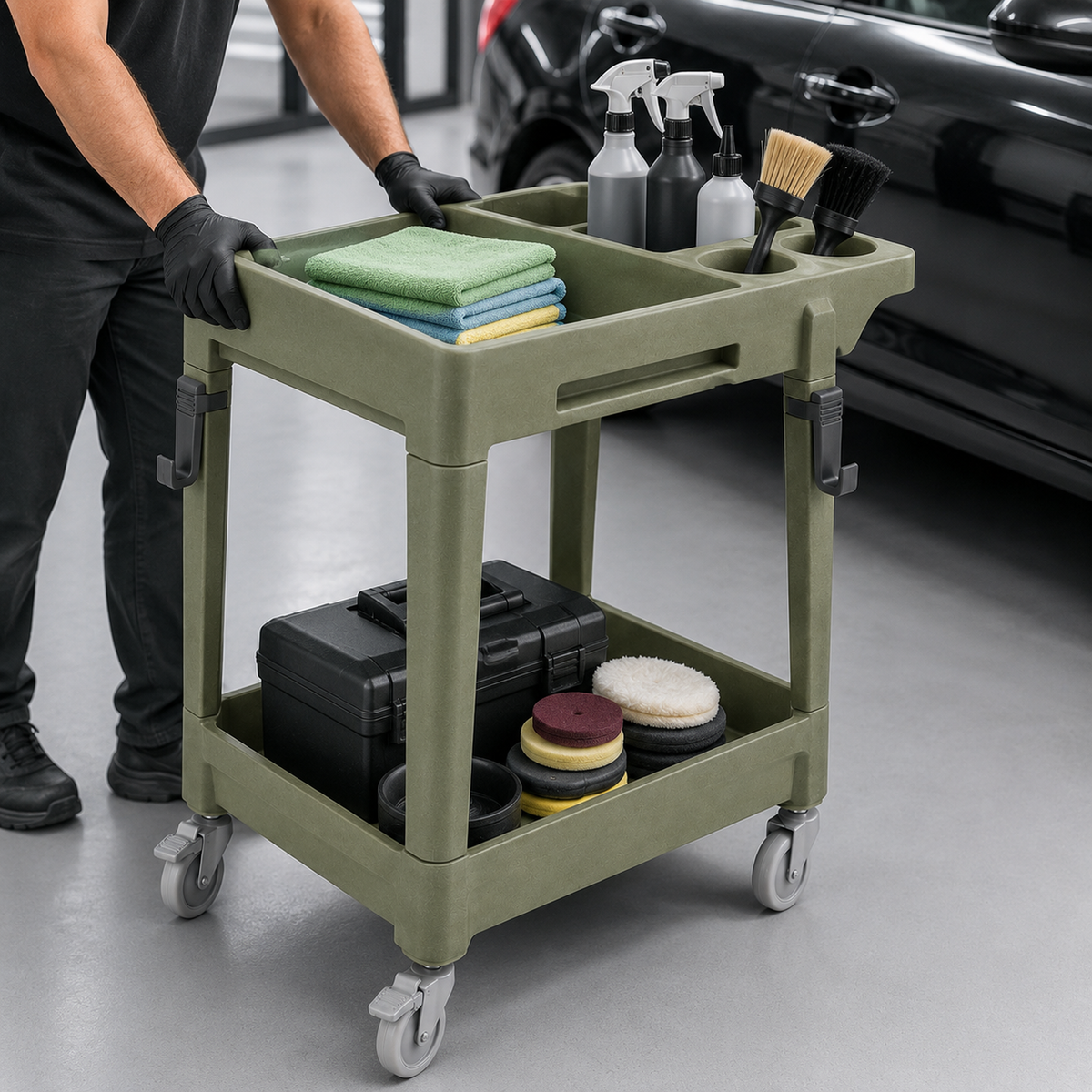 Compact Two-Level Detailing Cart with Tool Organizer