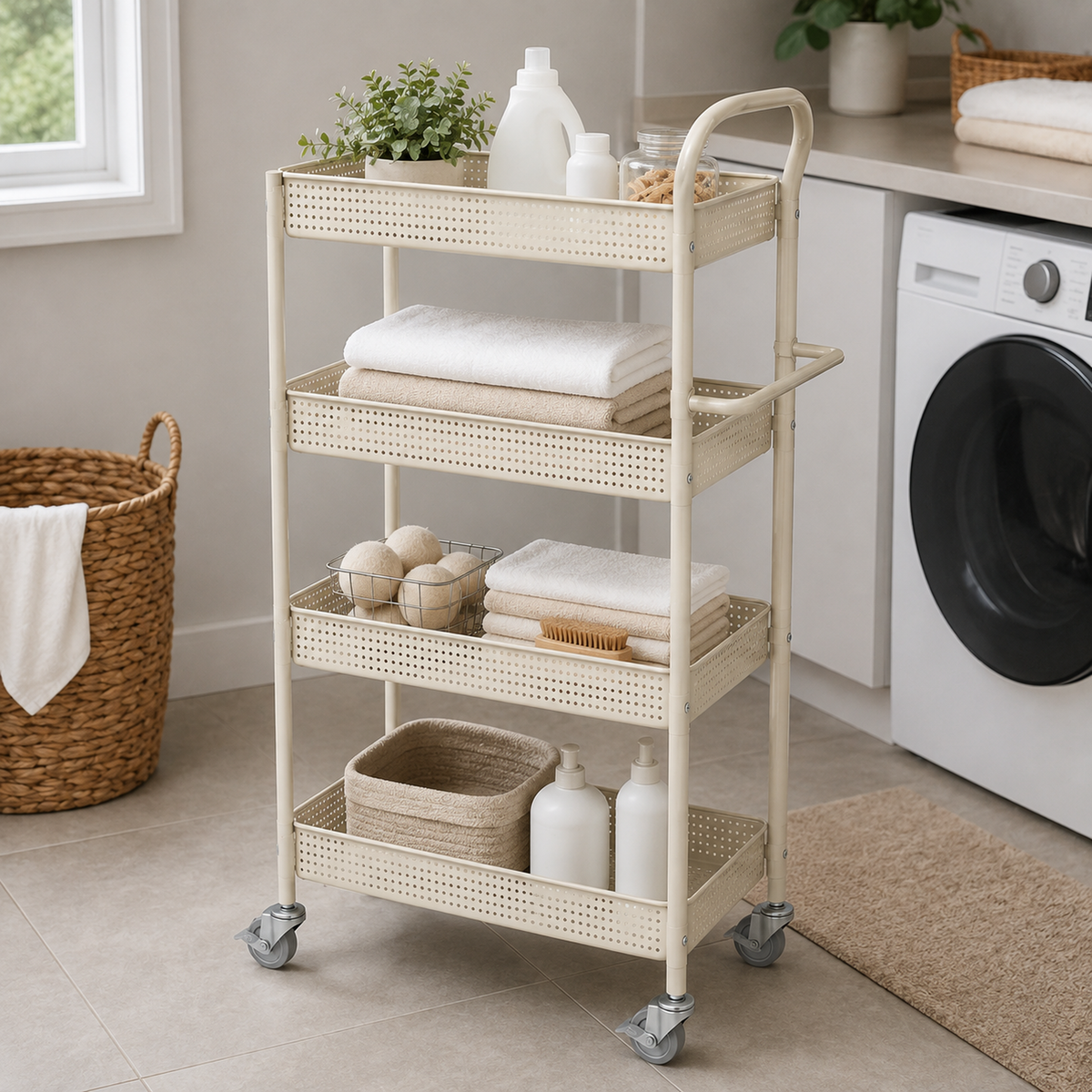 Slim Four-Tier Rolling Storage Cart with Towel Bar